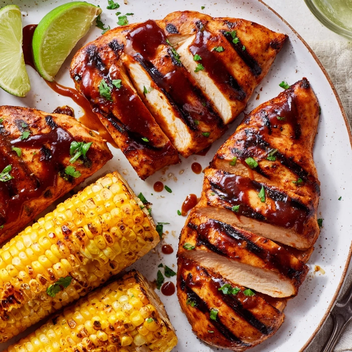 BBQ Chicken With Corn sizzling on the grill, smoky glaze and buttered corn.