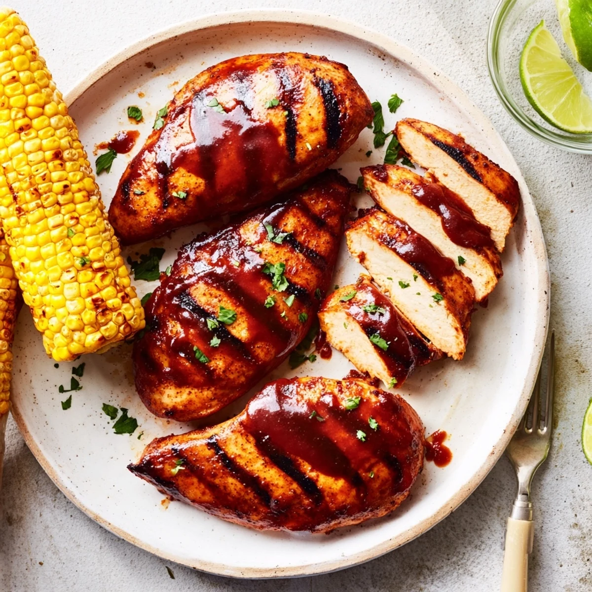 Grilled BBQ Chicken With Corn served with lime wedges, parsley, and summer sides.