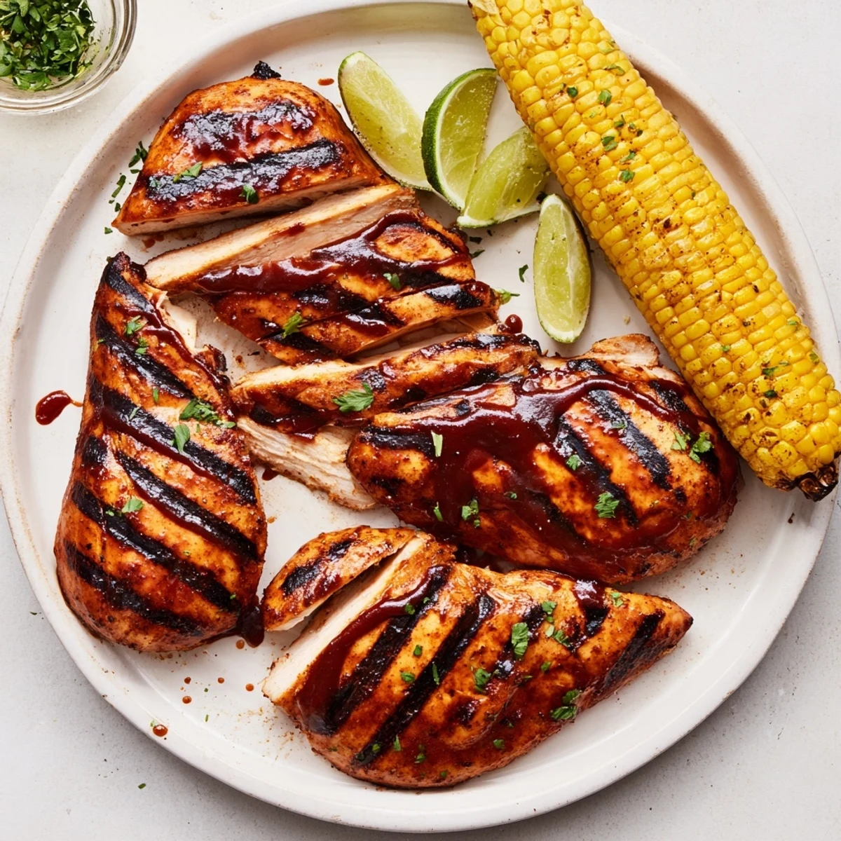 Plate of BBQ Chicken With Corn sliced, juicy breasts beside charred corn.