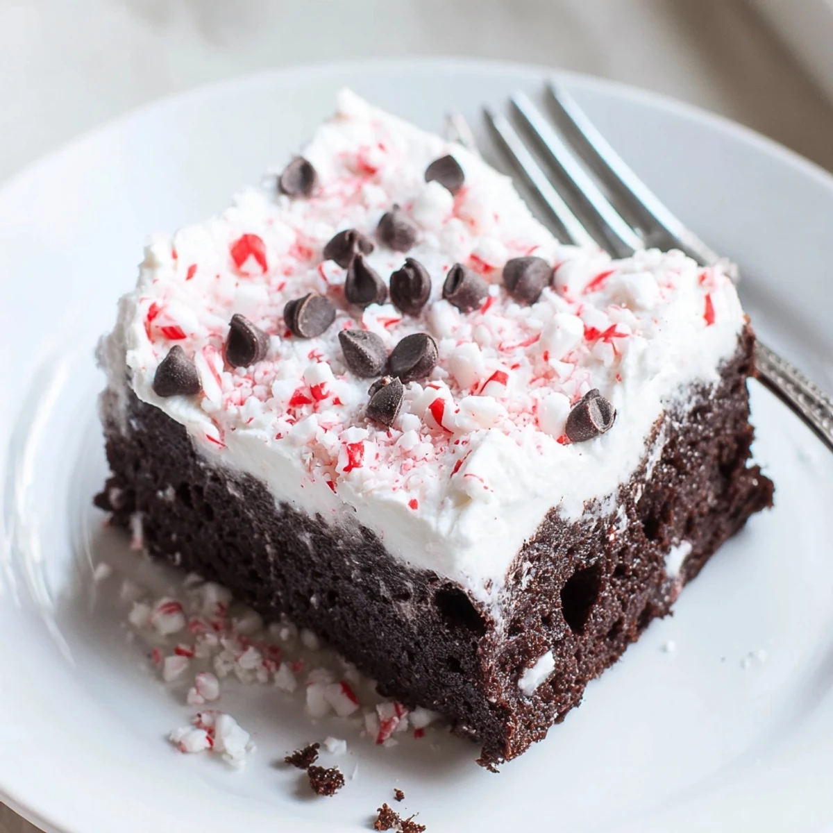 Peppermint Poke Cake with fluffy whipped topping and crushed peppermint candies