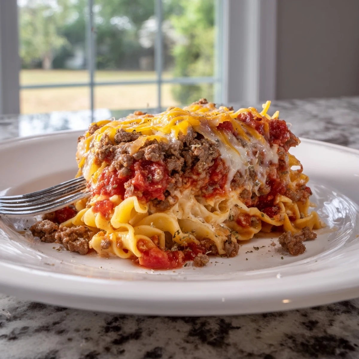 Beef Lombardi Casserole bubbling golden with melted cheddar, cottage cheese topping.