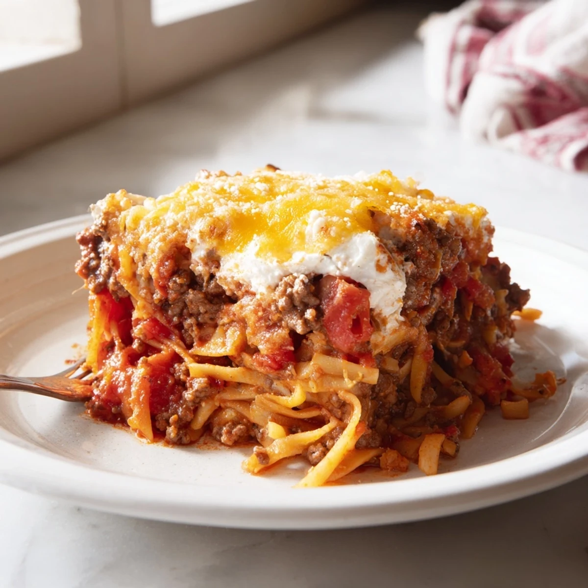 Fresh from oven Beef Lombardi Casserole resting, steam rising, served with salad.