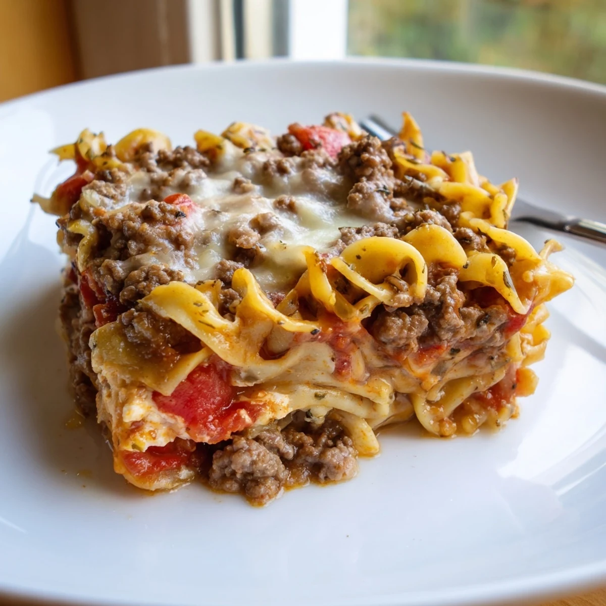 Hearty Beef Lombardi Casserole layered with noodles, savory tomato-beef sauce.