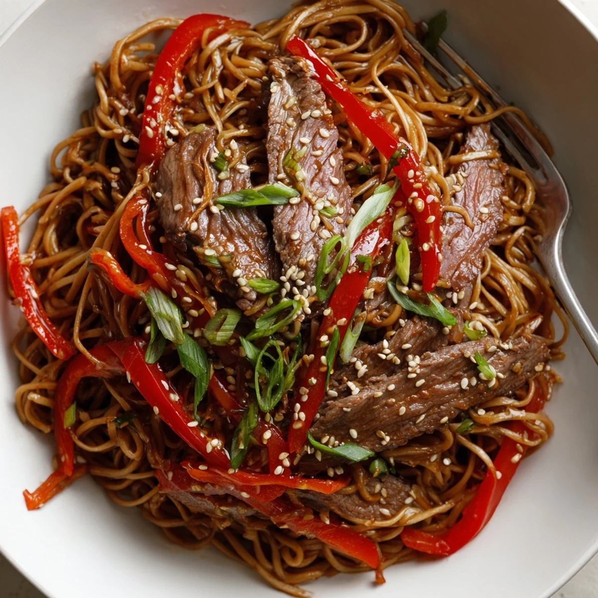 Warm Sticky Beef Noodles piled in a bowl, aromatic ginger and sesame