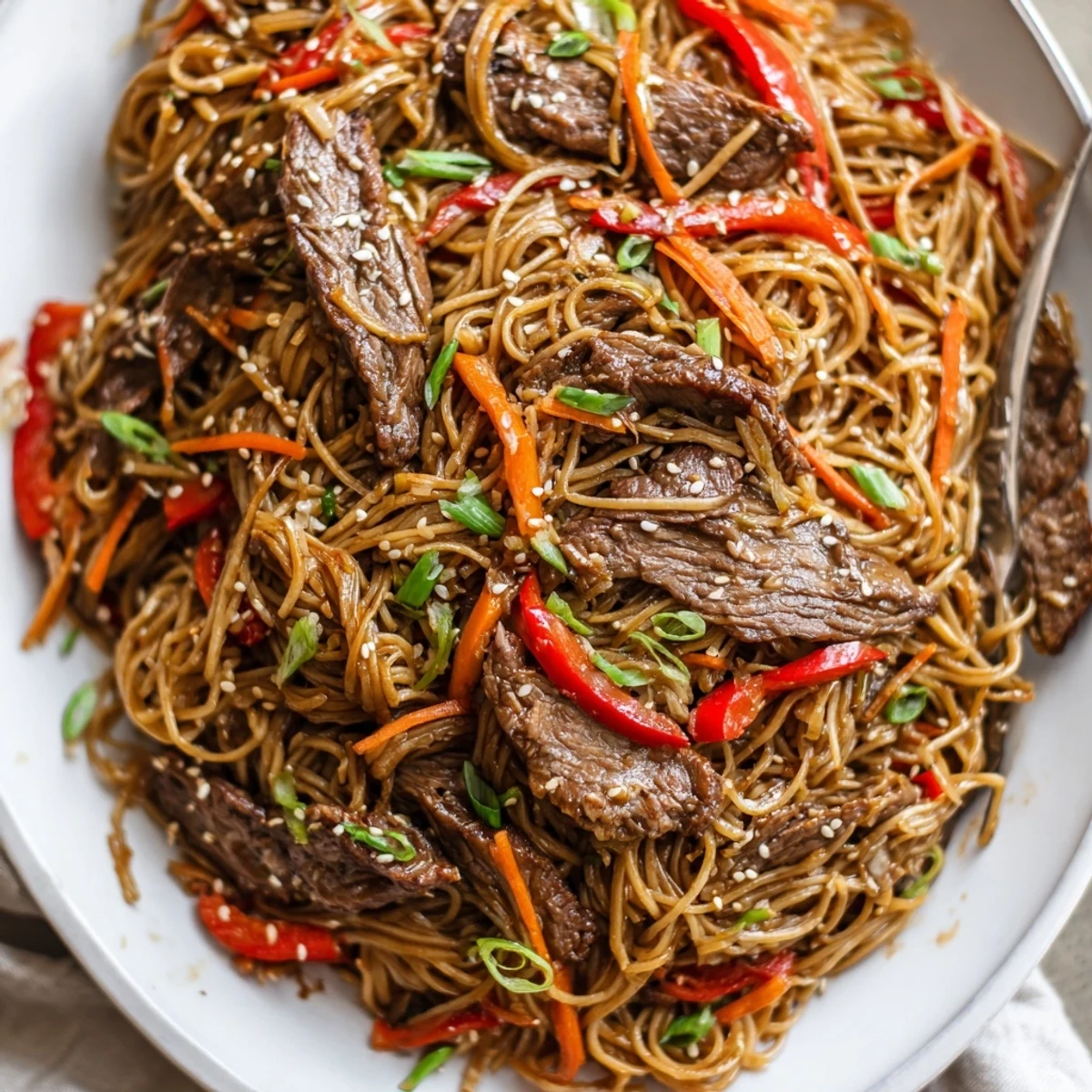 Chewy Sticky Beef Noodles with tender beef strips, ideal quick weeknight dinner