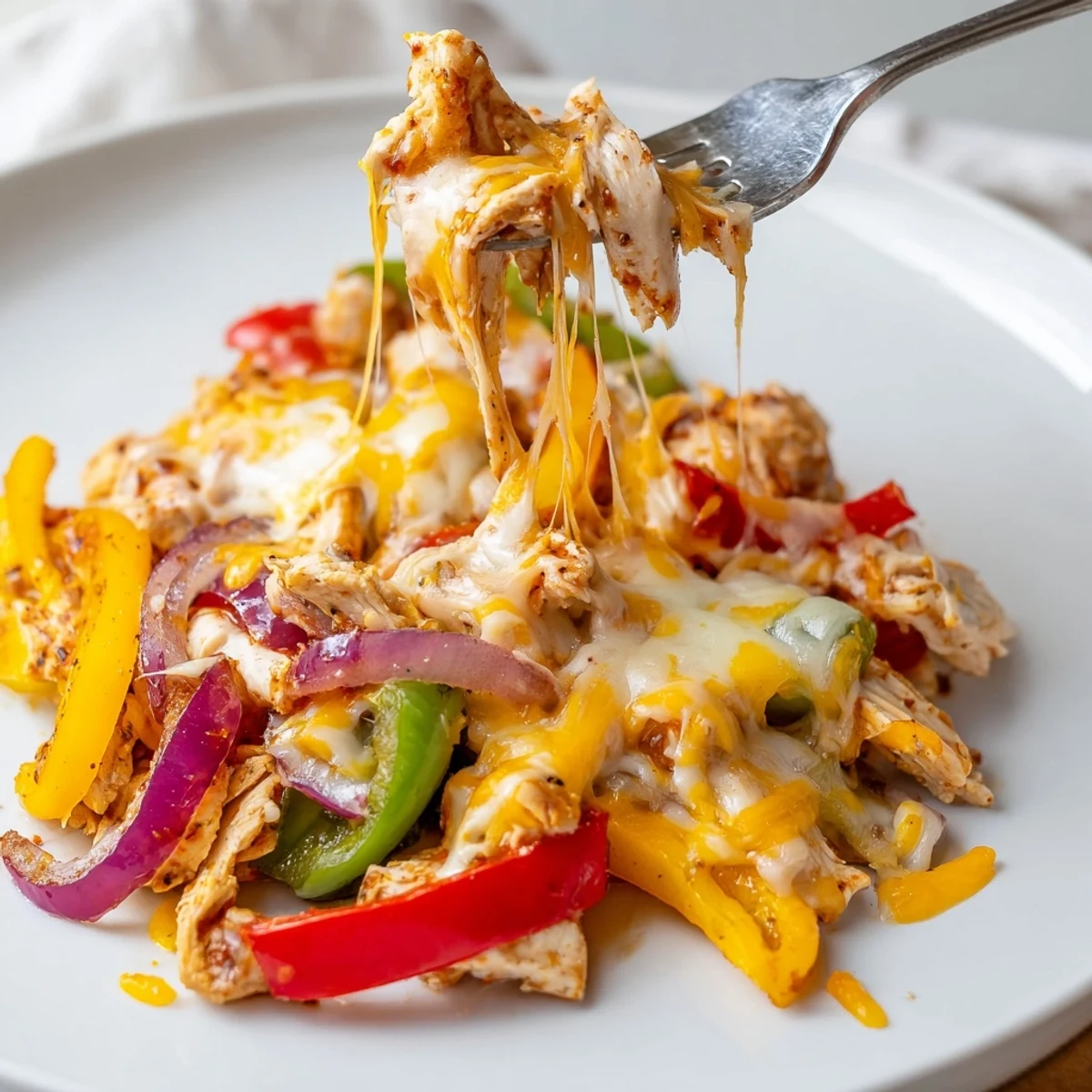 Cheesy Baja Chicken Bell Pepper Skillet sizzling with melted cheese and cilantro