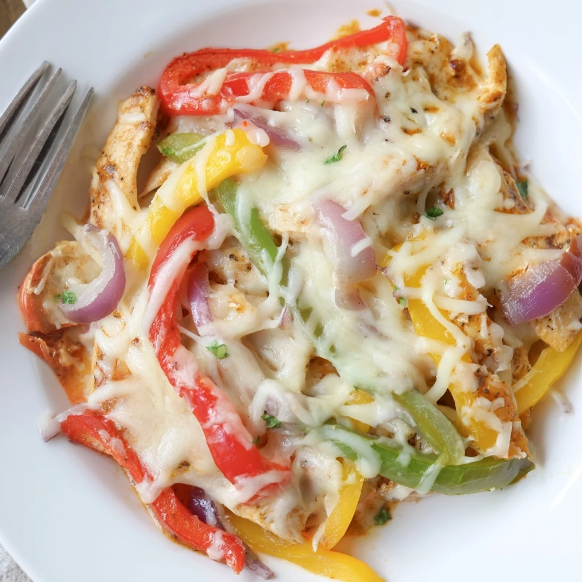 Smoky, colorful skillet of juicy chicken and peppers — Cheesy Baja Chicken Bell Pepper Skillet