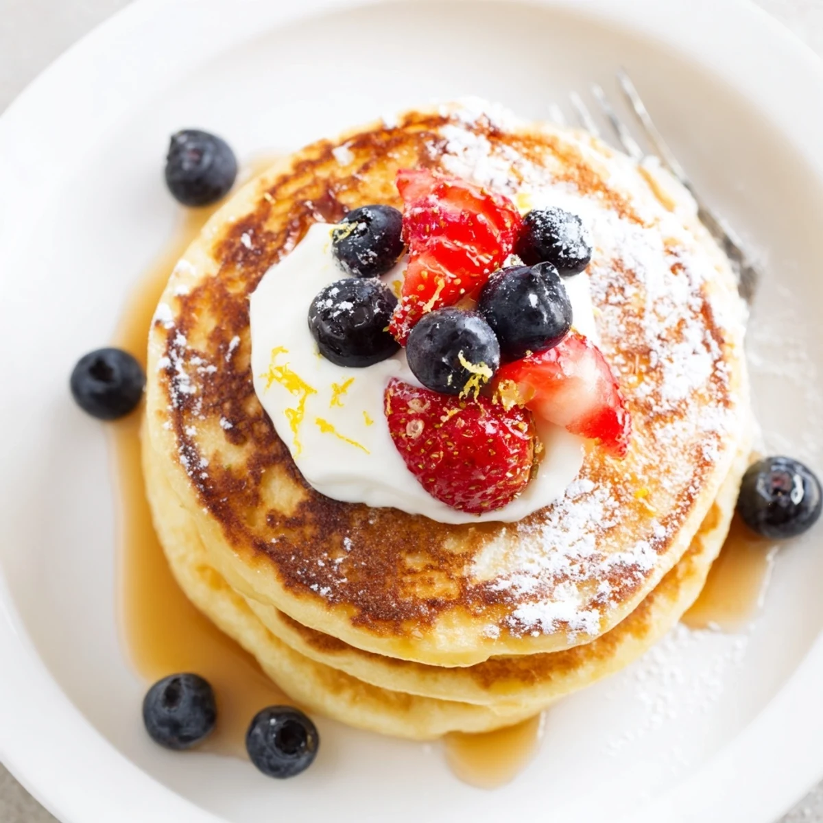 Light Cottage Cheese Pancakes topped with fresh berries and creamy Greek yogurt
