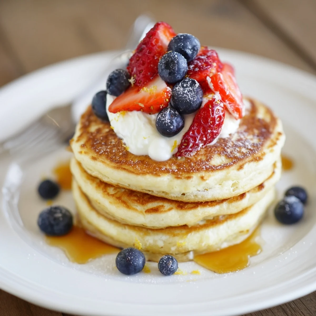 Cottage Cheese Pancakes stacked, golden edges, fluffy centers drizzled with maple syrup
