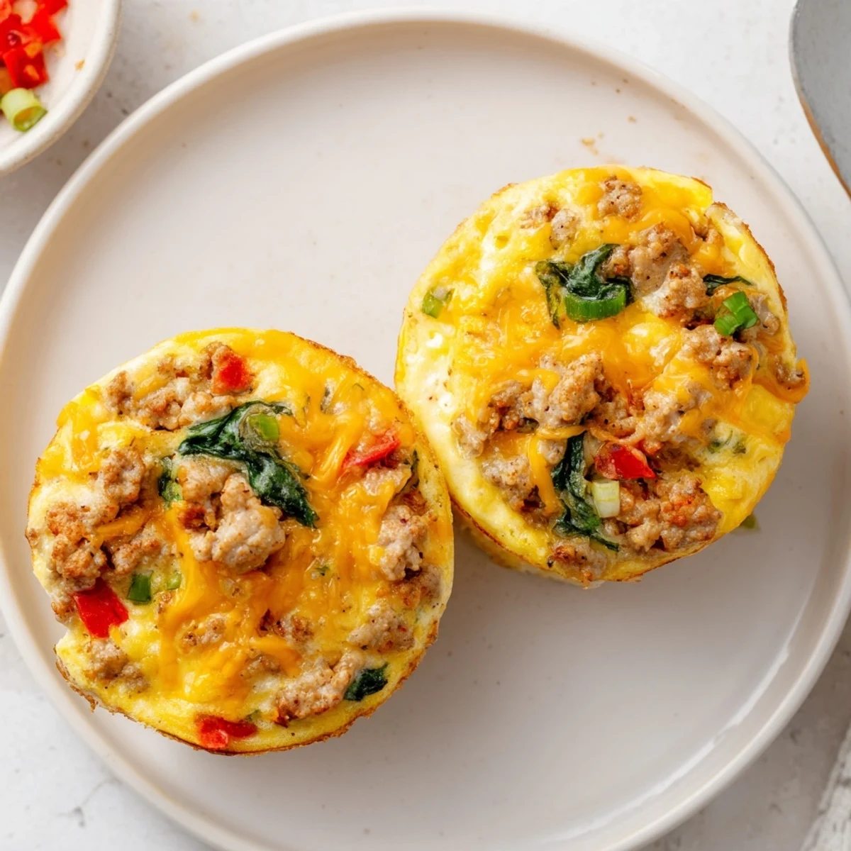 Stacked Turkey Sausage Egg Muffins on plate garnished with bright green onions