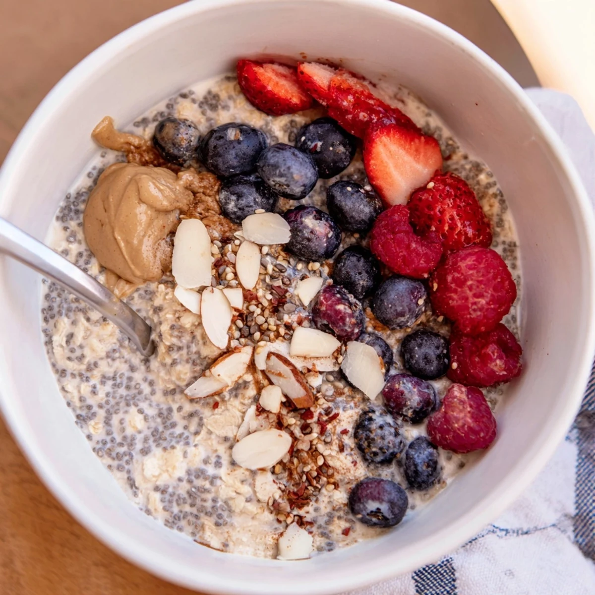 Creamy Protein Overnight Oats topped with fresh berries and crunchy nuts