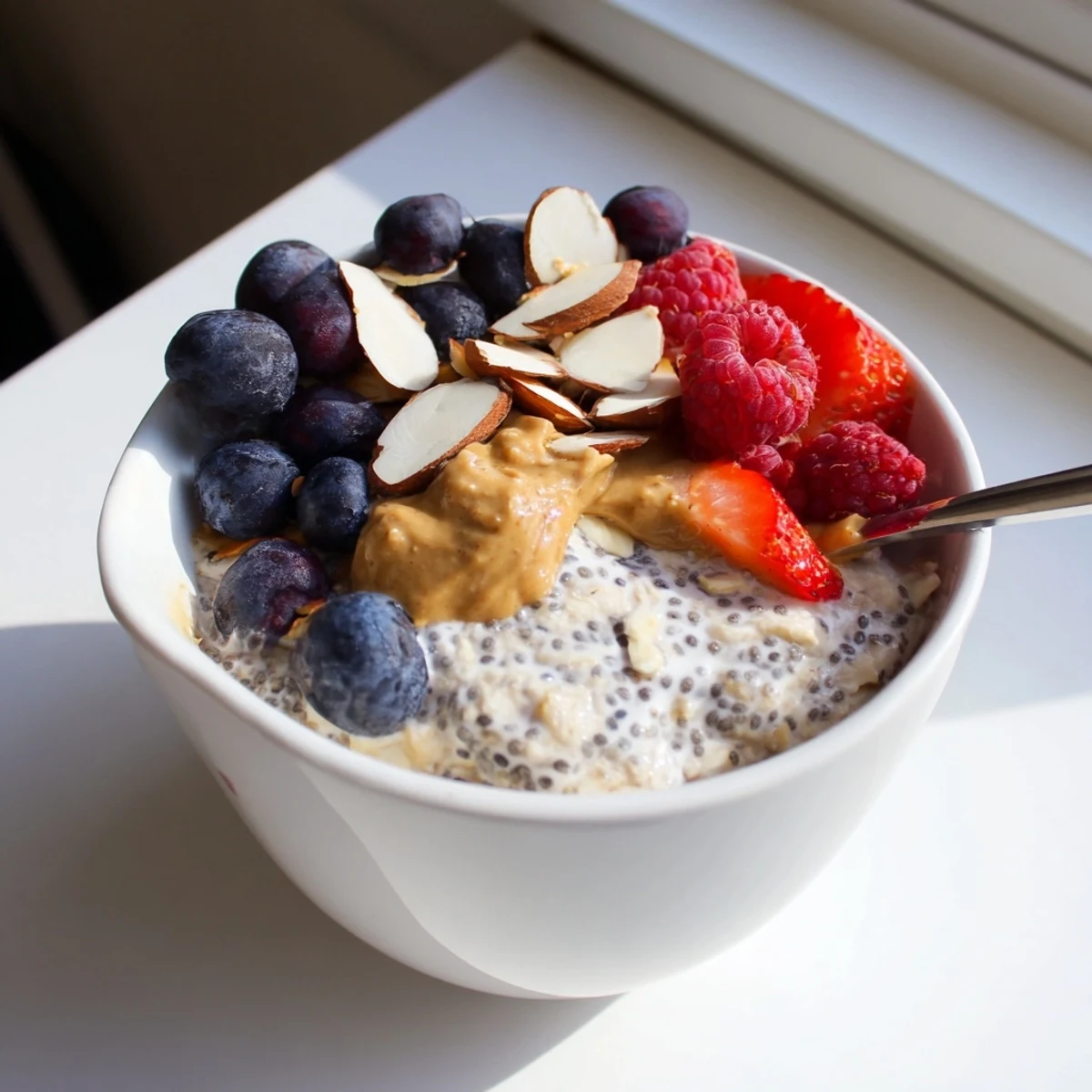 Hearty Protein Overnight Oats garnished with nut butter swirl and ripe berries