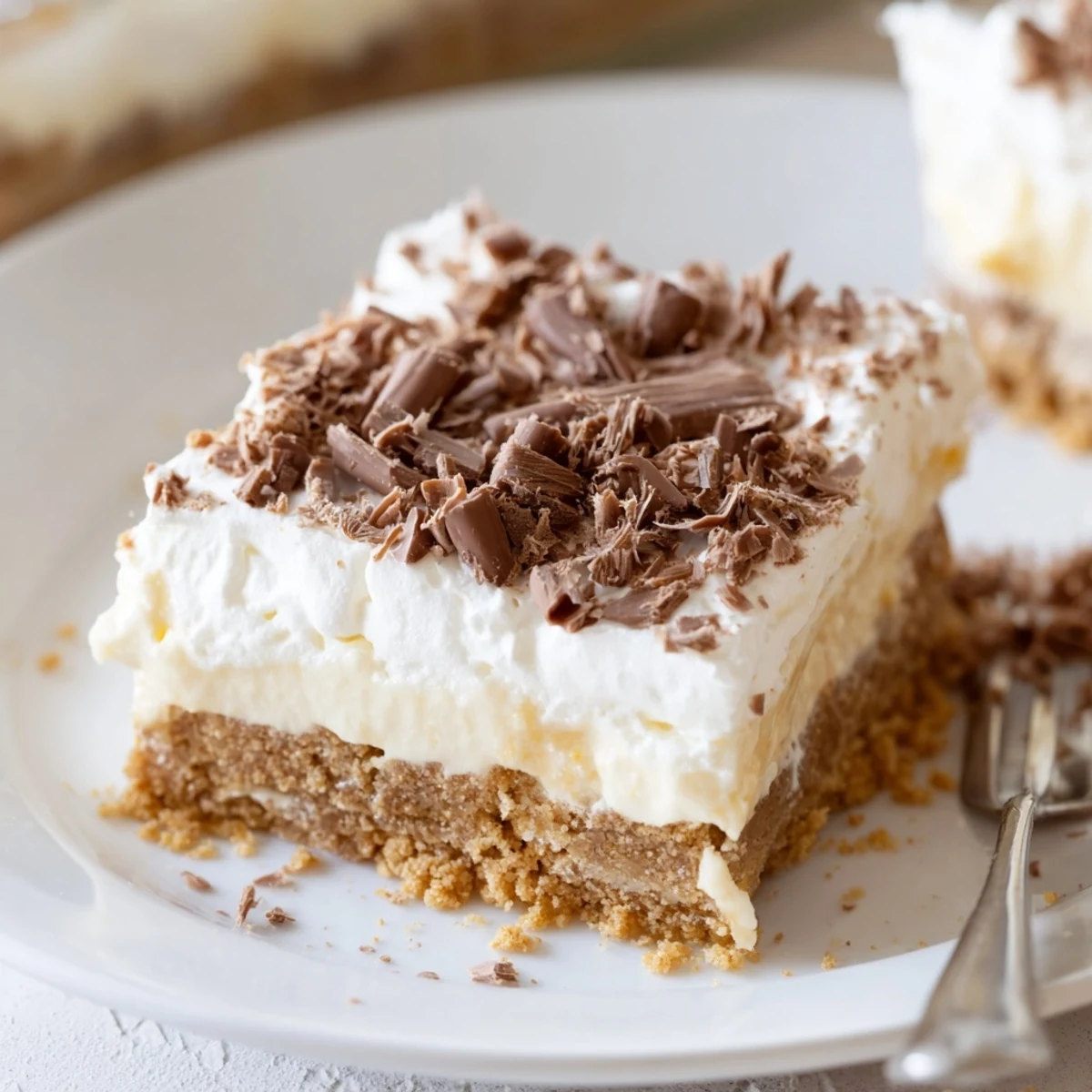 No Bake Layered Dessert chilled in dish, creamy vanilla layers and chocolate shavings