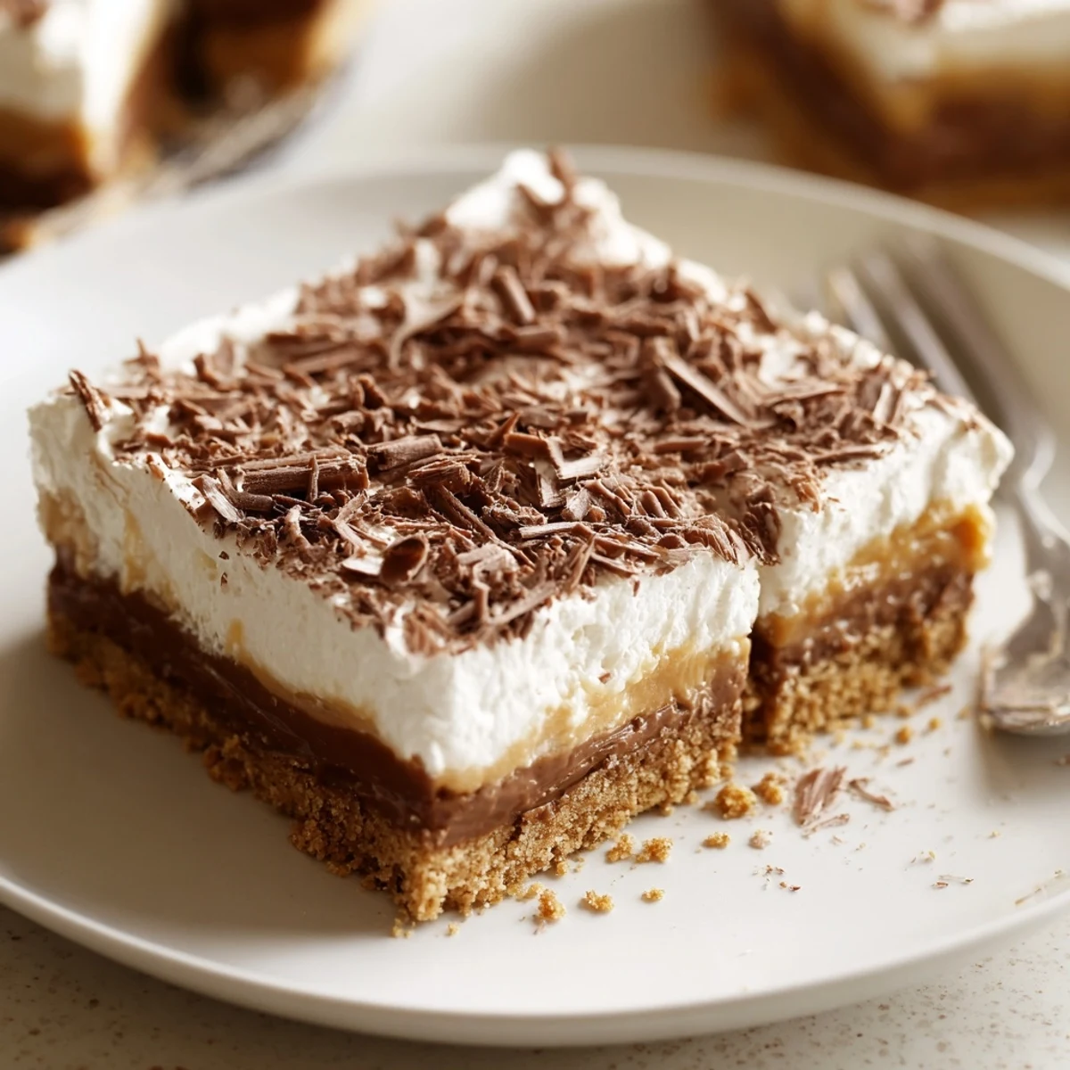 Sliced No Bake Layered Dessert on plate, graham crust and fluffy cream