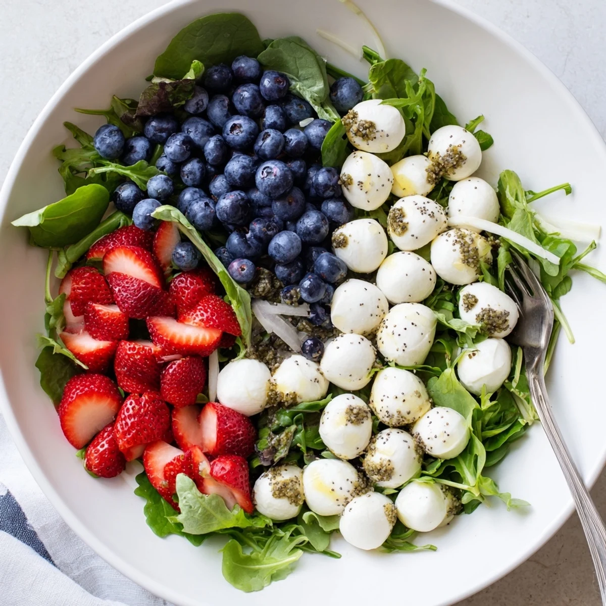 Festive 4th Of July Salad on platter: crisp greens, jicama crunch, honey vinaigrette.