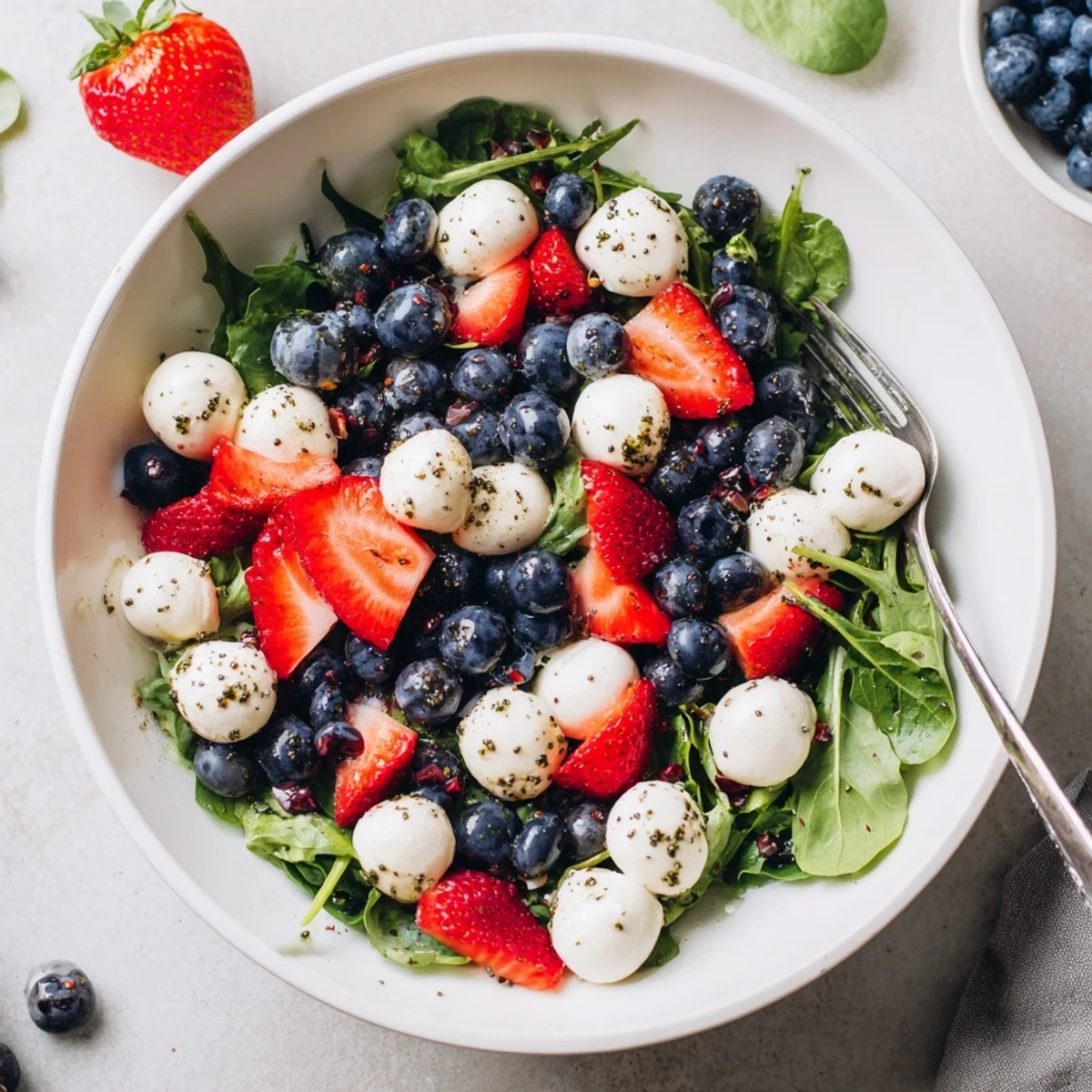 4th Of July Salad with juicy strawberries, blueberries, creamy mozzarella, tangy poppy dressing.