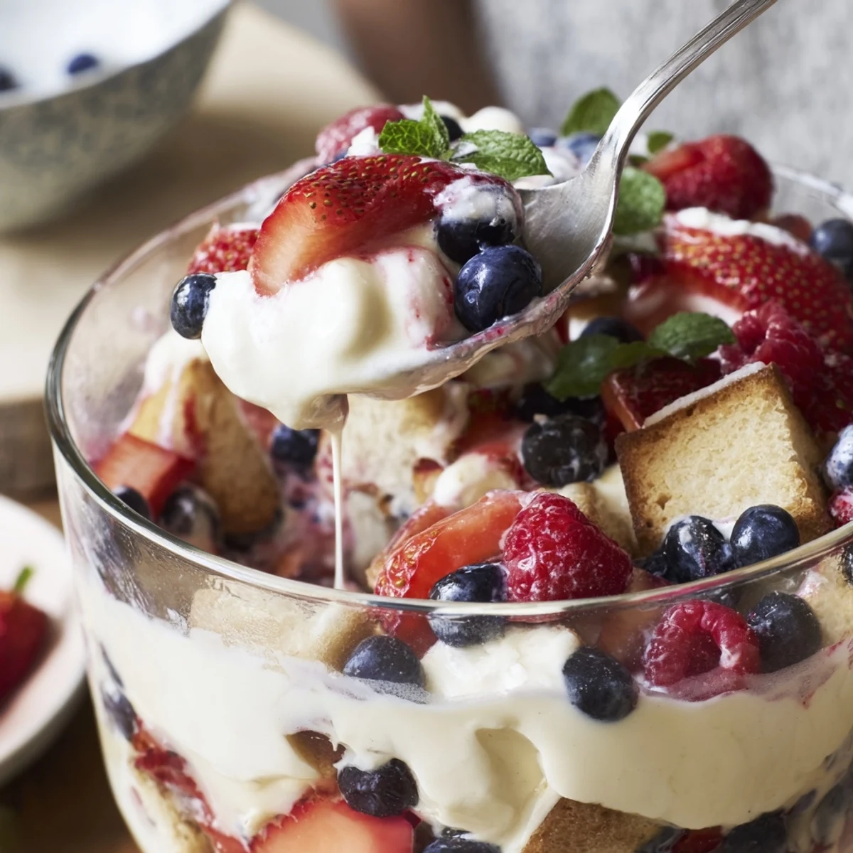 Berry Vanilla Cream Trifle layered with juicy berries, fluffy cake, chilled.