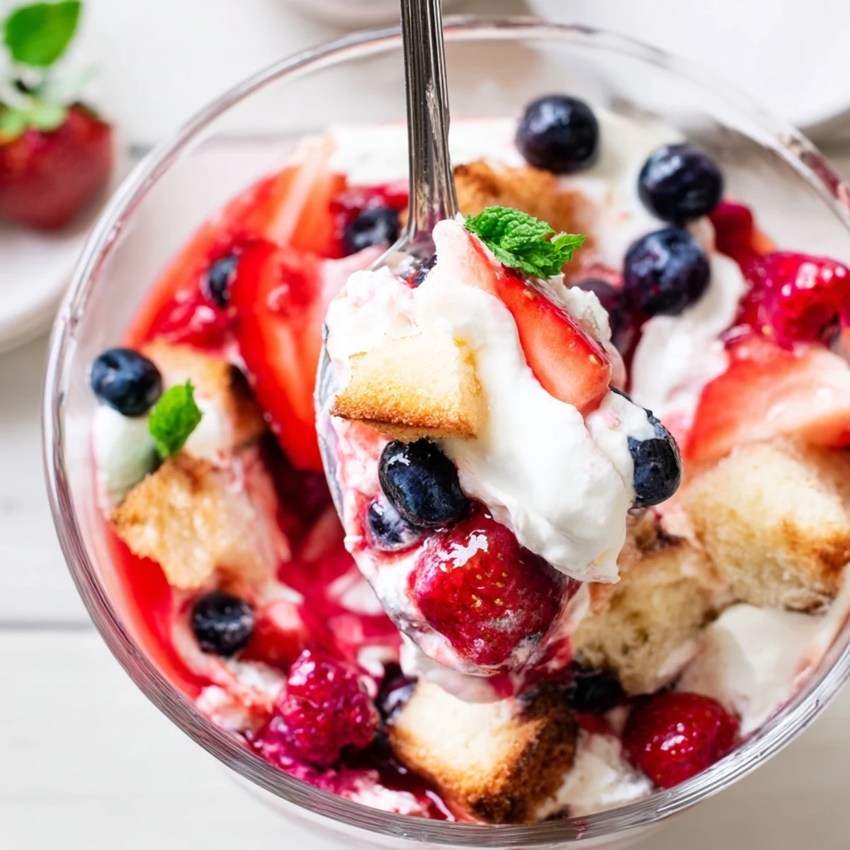 Homestyle Berry Vanilla Cream Trifle in glass bowl, creamy custard ribbons.