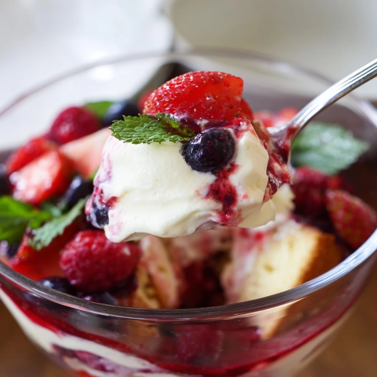 Summer Berry Vanilla Cream Trifle topped with fresh mint, glistening berries.