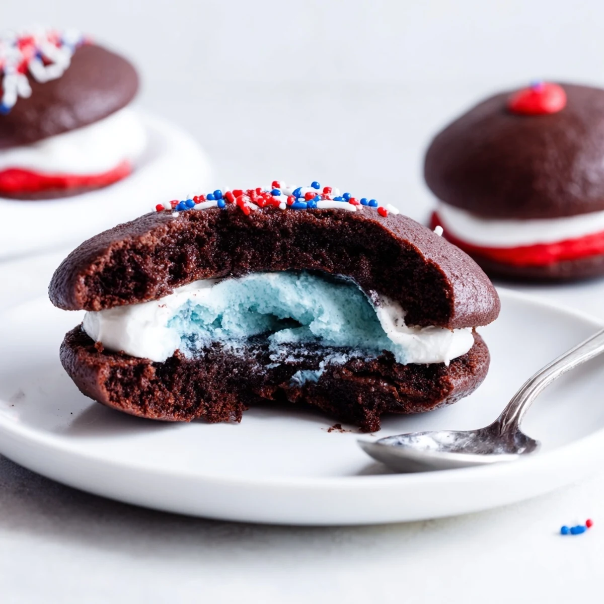 Patriotic Whoopie Pies Dessert For July Memorial Day: soft cocoa cakes with frosting