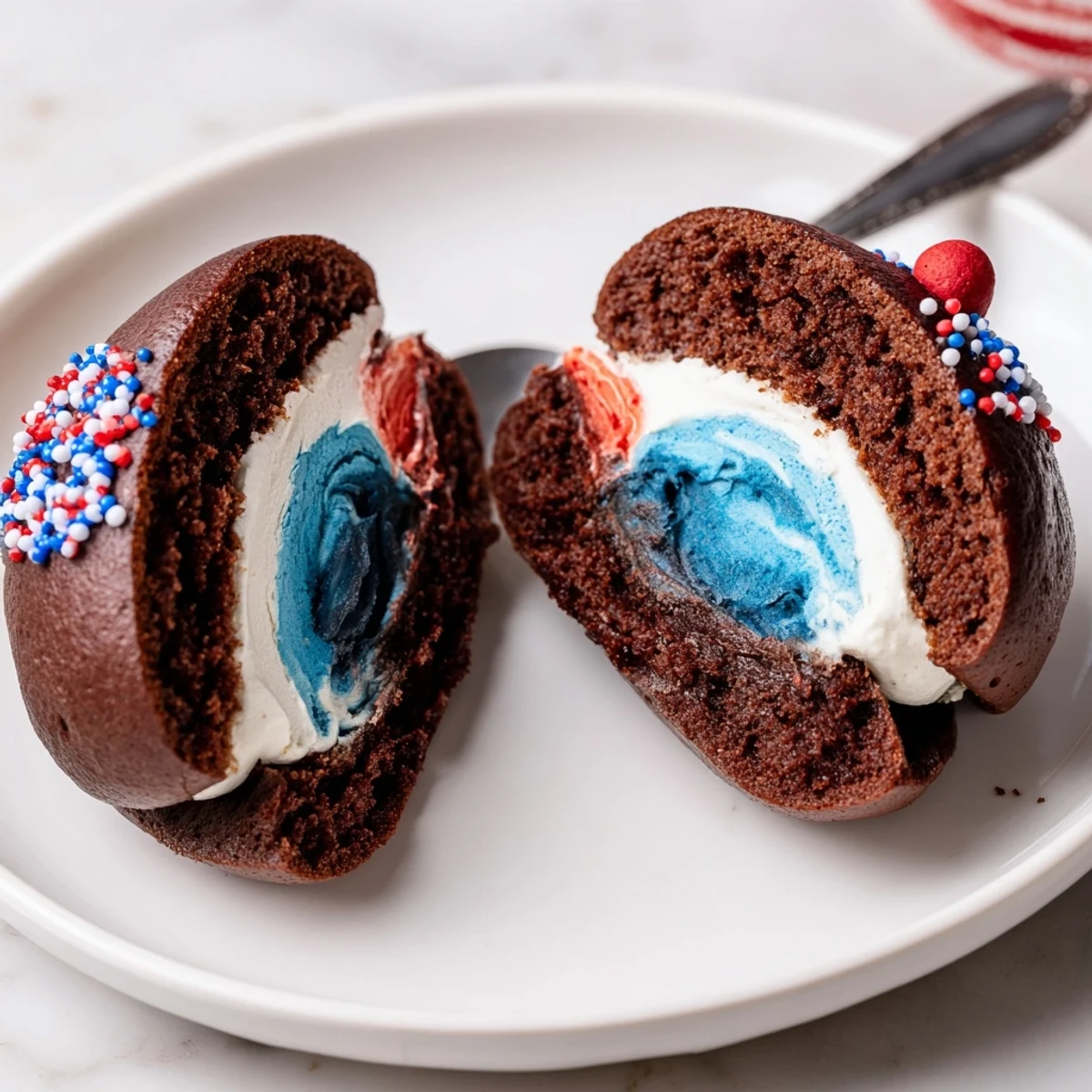 Plate of Patriotic Whoopie Pies Dessert For July Memorial Day with pillowy marshmallow filling
