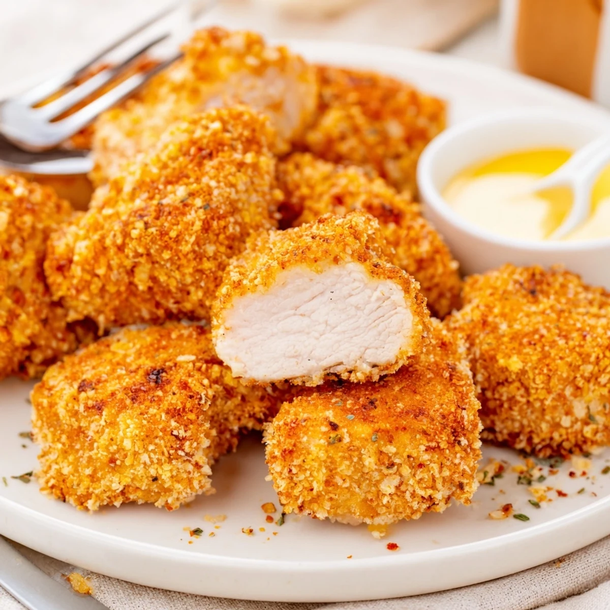 Crispy golden Chicken Bites piled on paper towels, steam rising, crunchy.