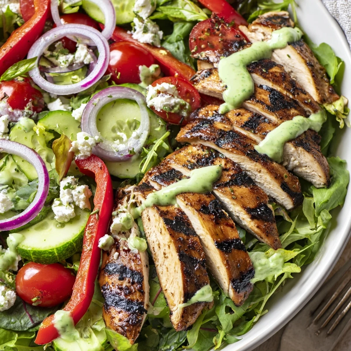 Bright Grilled Chicken Salad Avocado Herb Dressing Recipe drizzled with creamy zesty dressing.