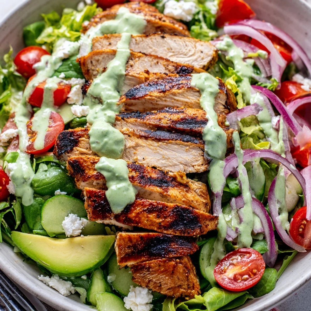 Weekend lunch Grilled Chicken Salad Avocado Herb Dressing Recipe served warm with crisp cucumbers.