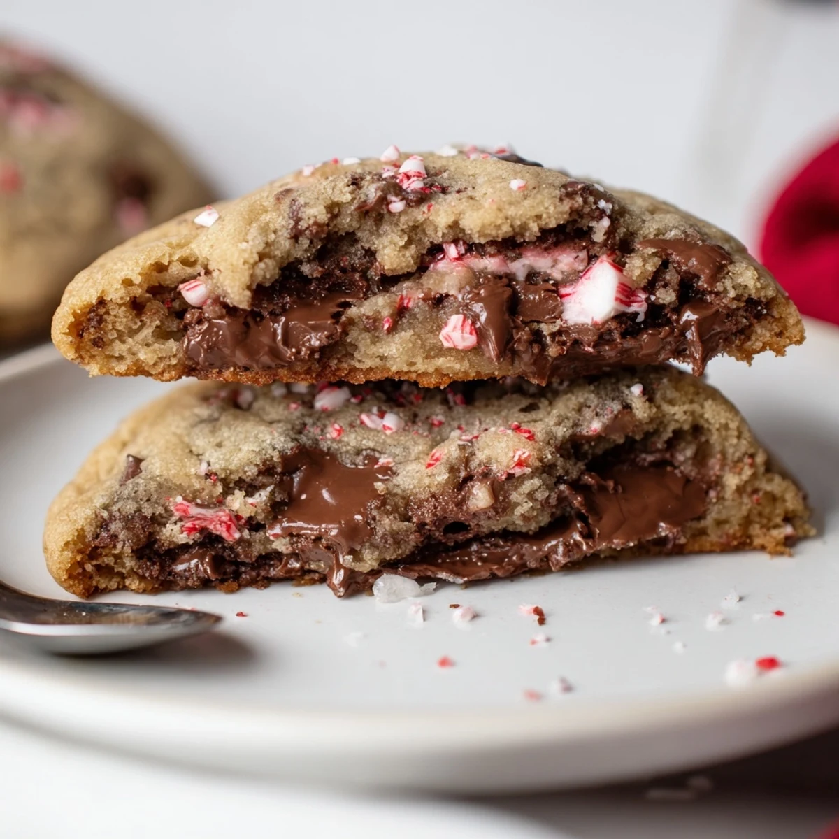 Peppermint Chocolate Chip Cookies cooling on a rack, glossy chips and crushed candy