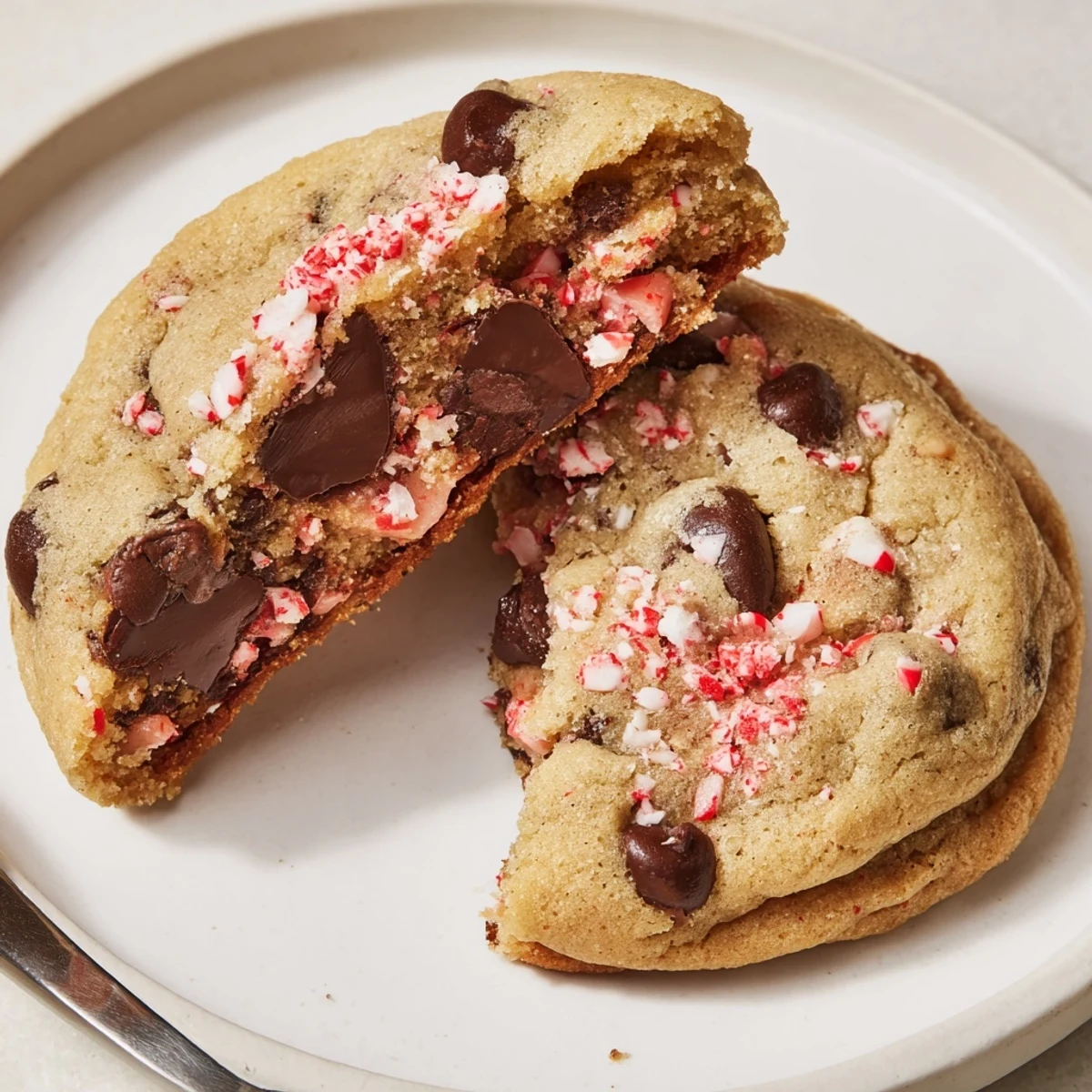 Warm Peppermint Chocolate Chip Cookies with melty chocolate, speckled peppermint, holiday plate