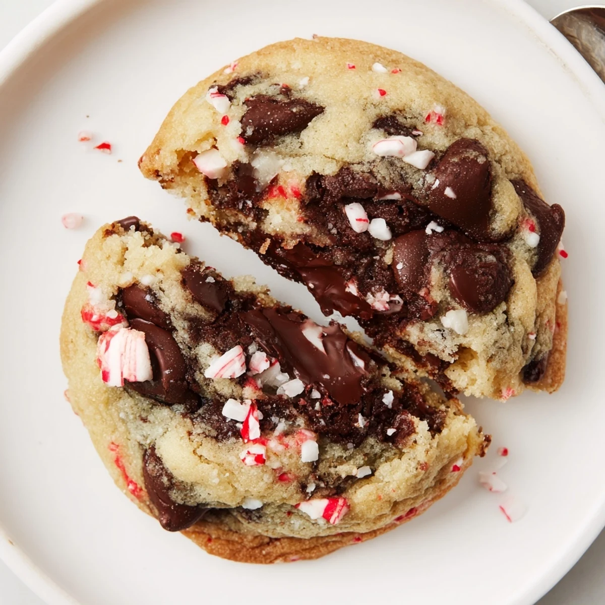 Stack of Peppermint Chocolate Chip Cookies beside steaming mug of cocoa, dusted with sugar