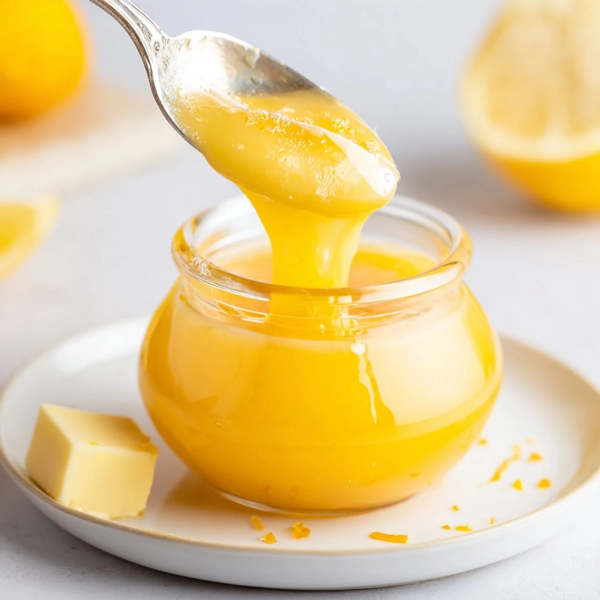 Homemade Lemon Curd Recipe spooned into jars, silky texture, bright tang