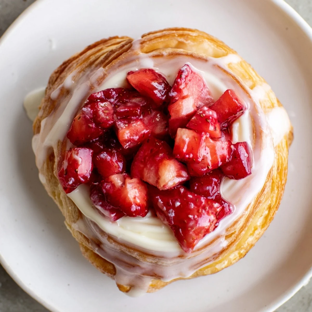 Golden puff pastry with glossy berries on cooling rack, Strawberry Danish Recipe.