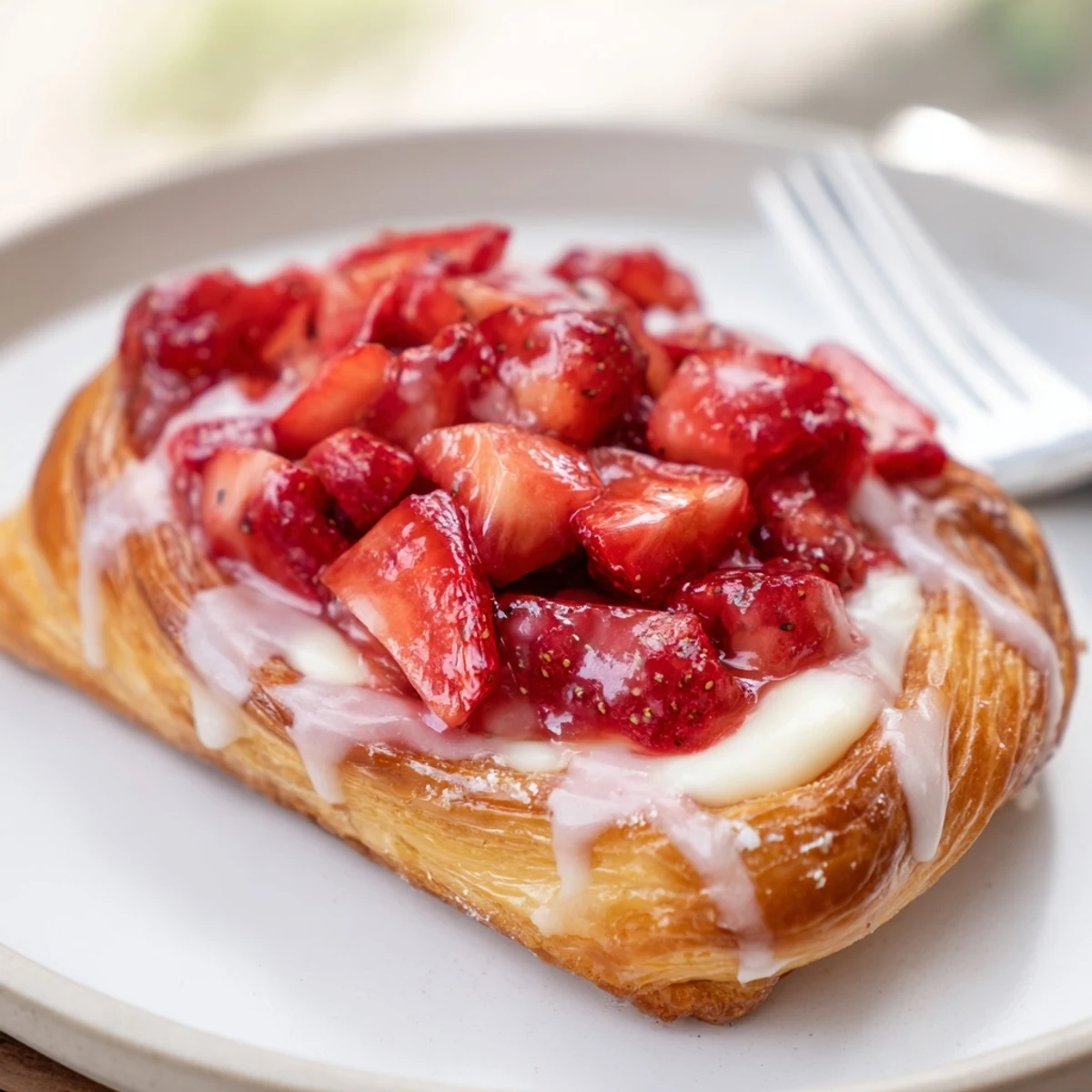 Warm Strawberry Danish Recipe served with powdered sugar dusting and coffee.