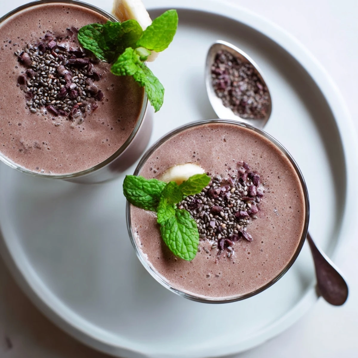 Creamy Chocolate Beet Smoothie poured into glass, cacao nibs and mint garnish