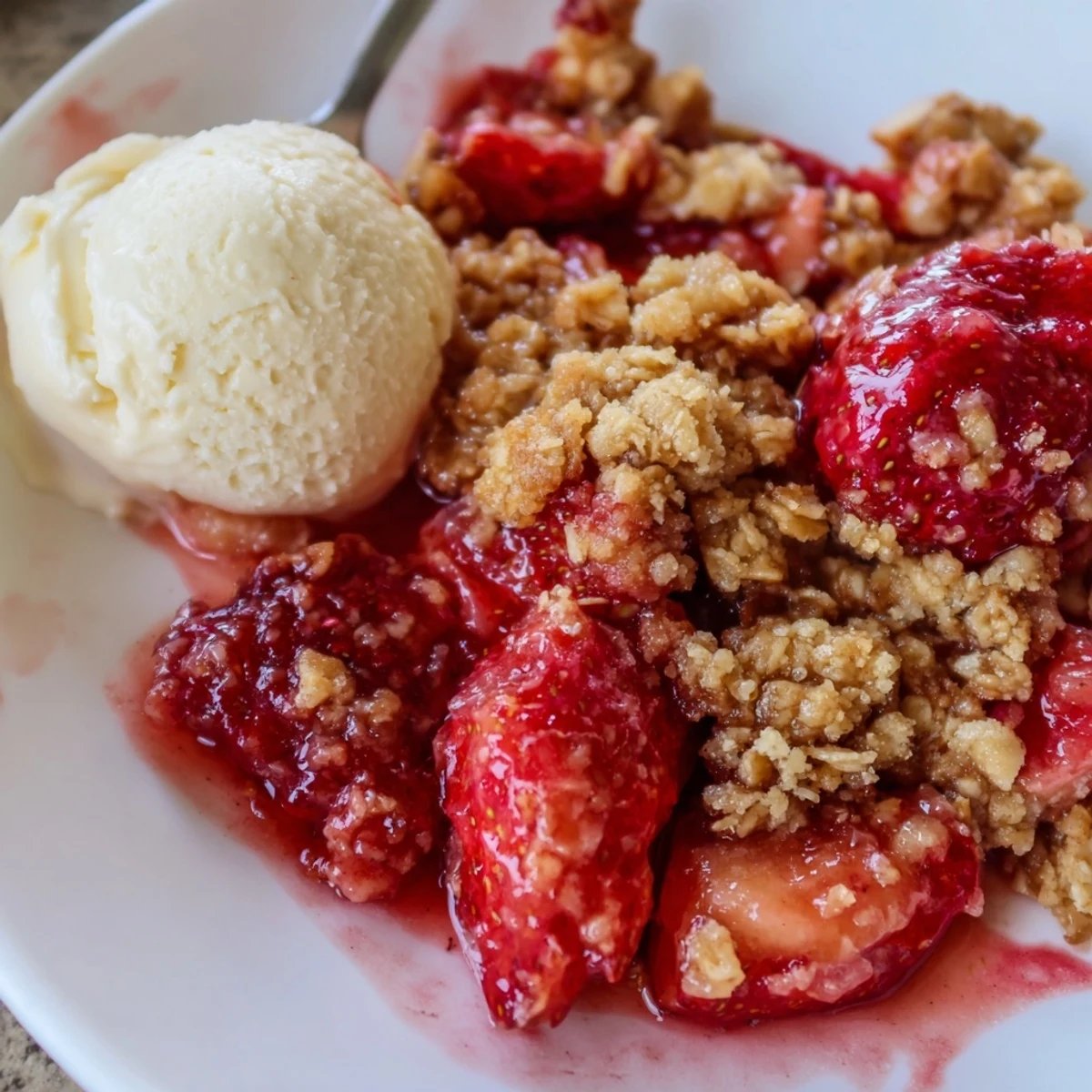 Golden Fresh Strawberry Crisp Recipe with oat topping and bubbling strawberry filling.