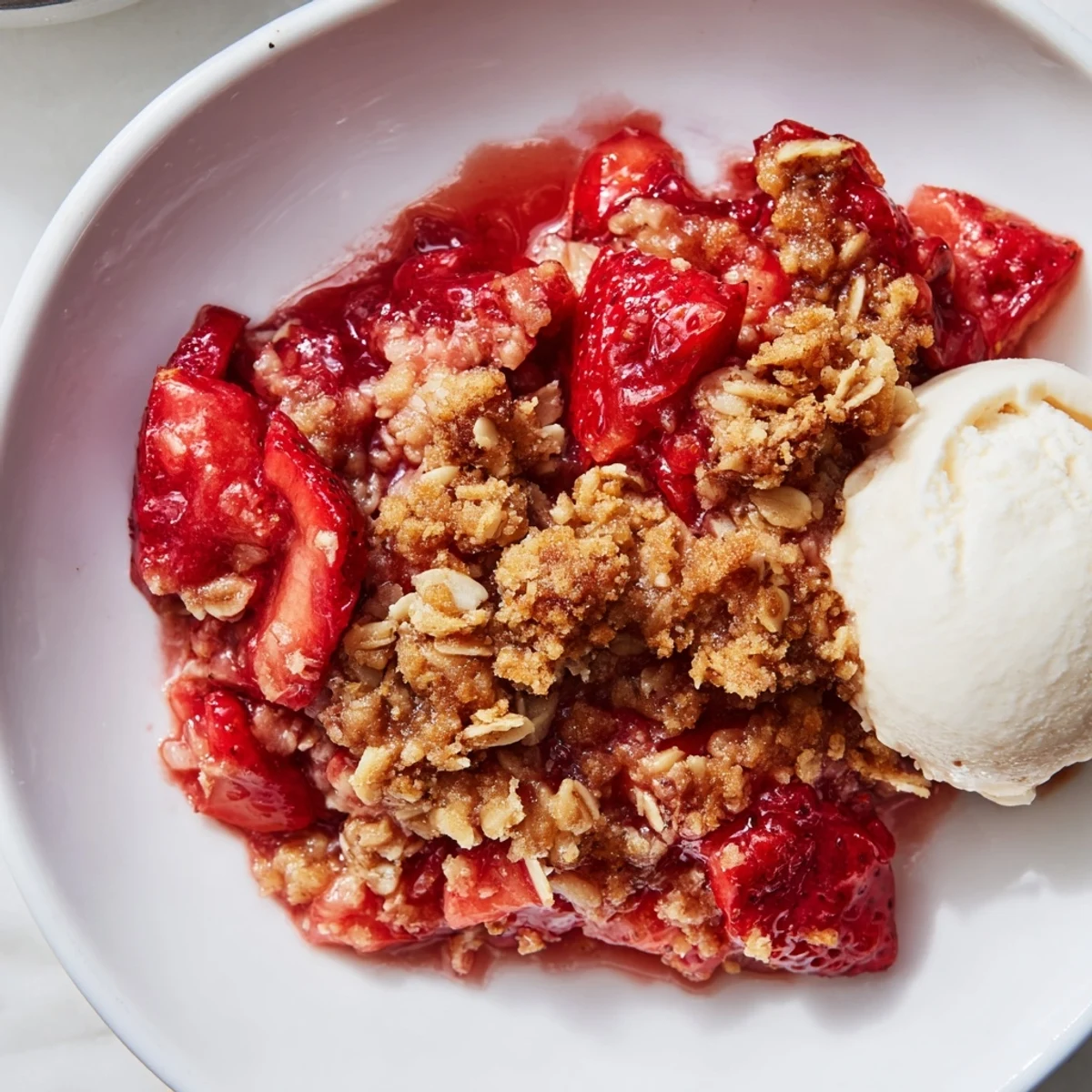 Fresh Strawberry Crisp Recipe served warm with melting vanilla ice cream.