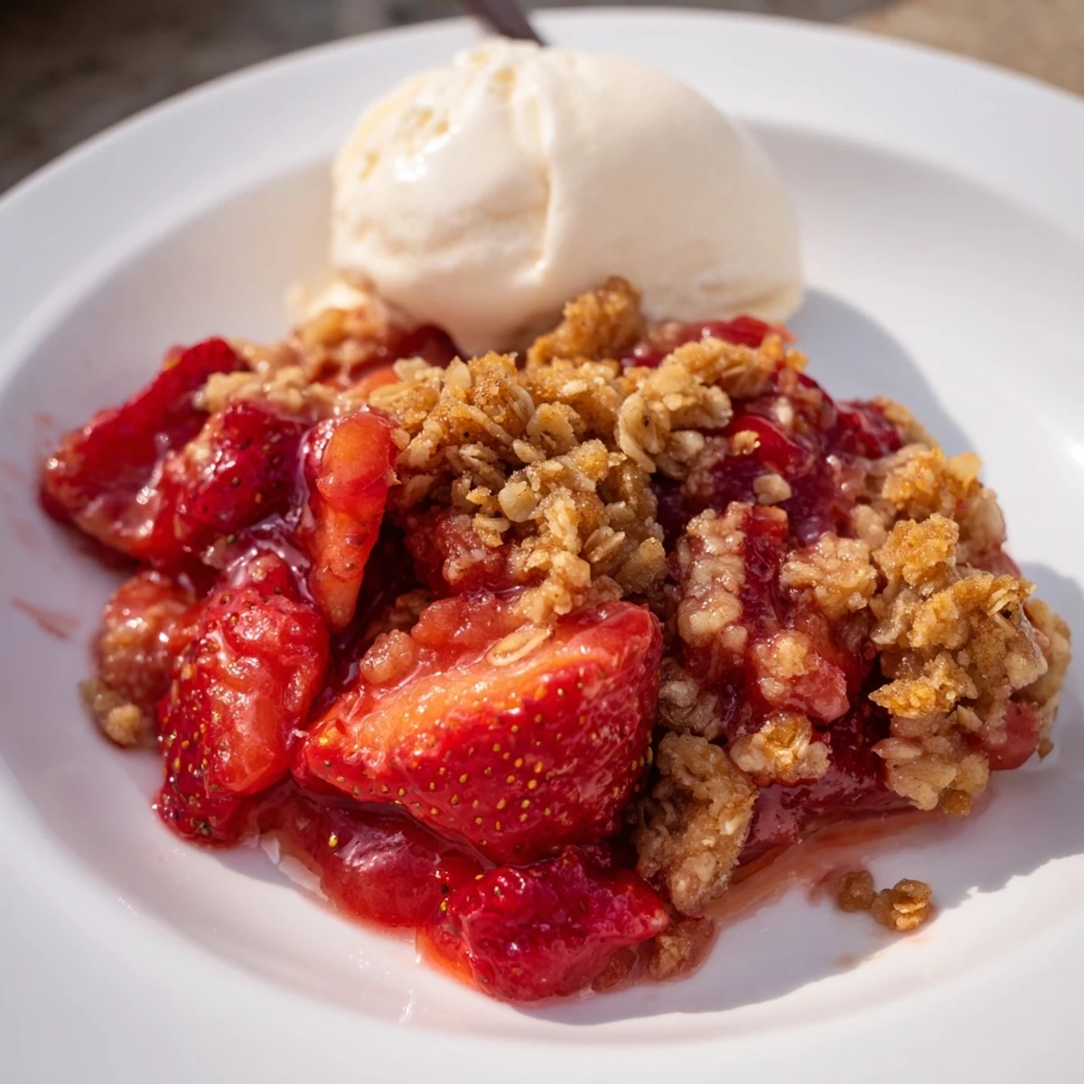 After baking, Fresh Strawberry Crisp Recipe rests cooling, fragrant and juicy underneath.