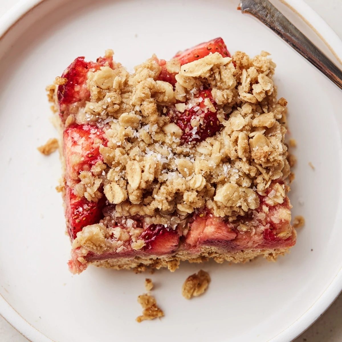 Warm Strawberry Oatmeal Crumble Bars topped with a melting scoop of vanilla ice cream