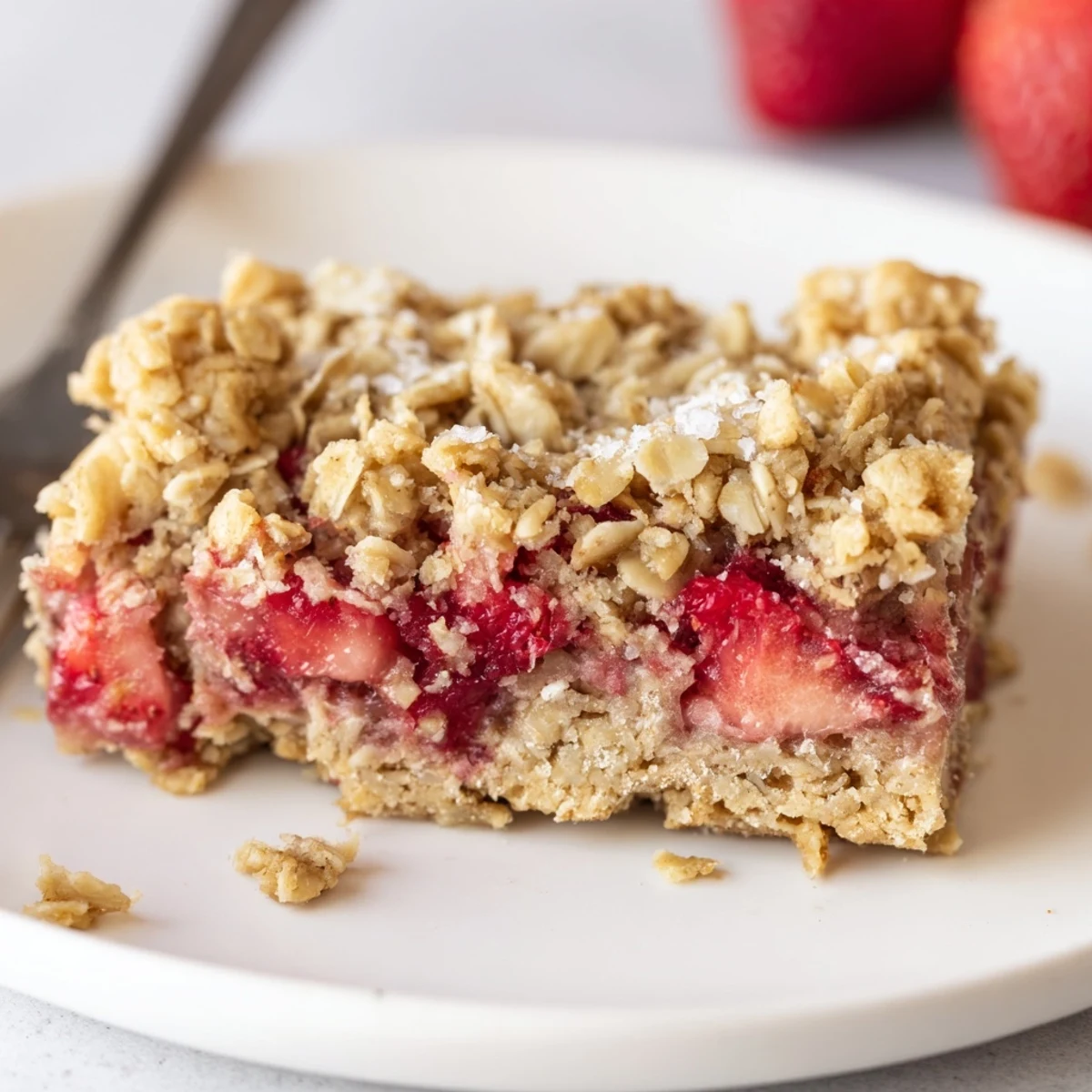 Freshly baked Strawberry Oatmeal Crumble Bars, rustic oat crust and bubbly strawberry center