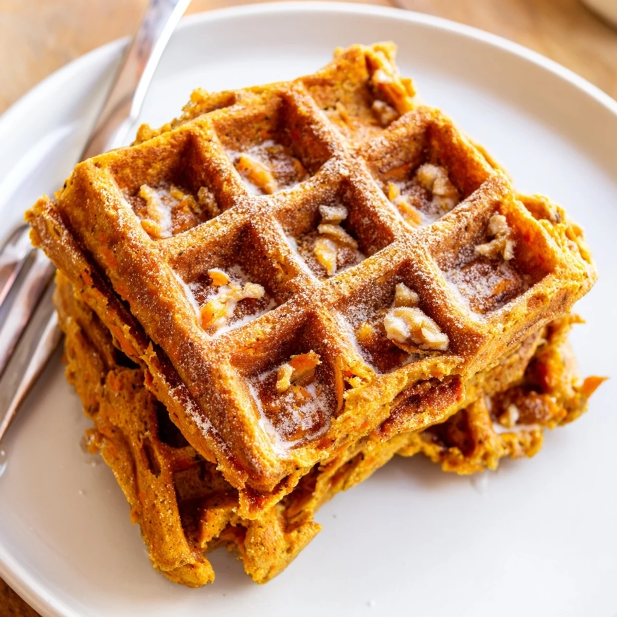 Carrot Cake Waffles steaming on a plate, cinnamon aroma and cream cheese glaze.