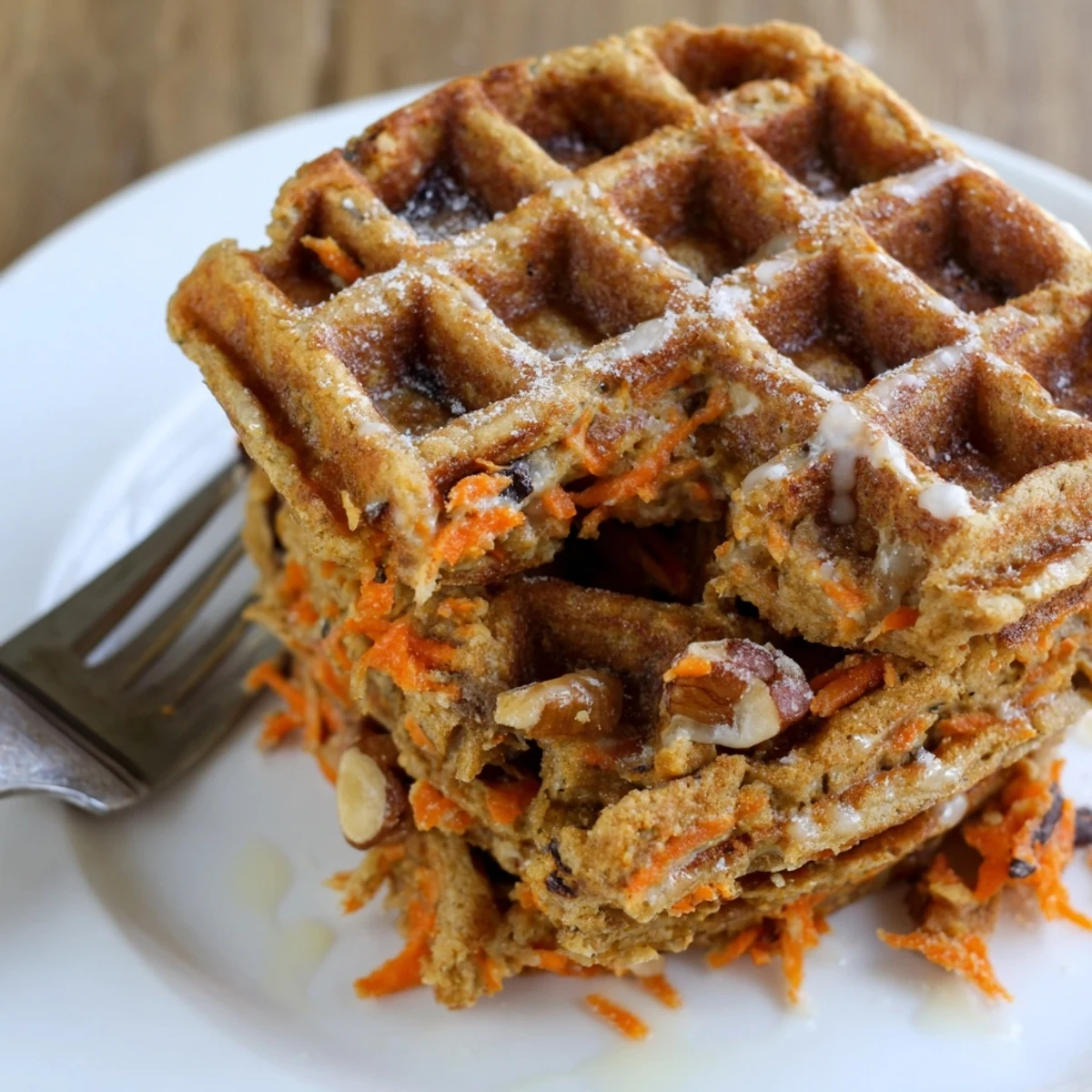 Warm Carrot Cake Waffles topped with chopped pecans and maple syrup.