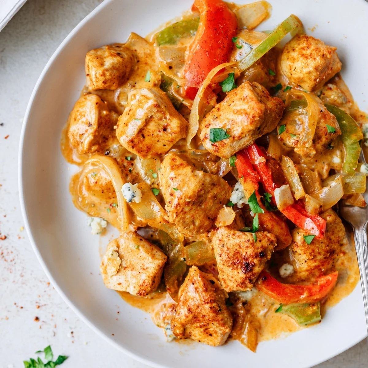 Keto Buffalo Chicken Skillet sizzling, creamy sauce coating browned chicken, melted mozzarella