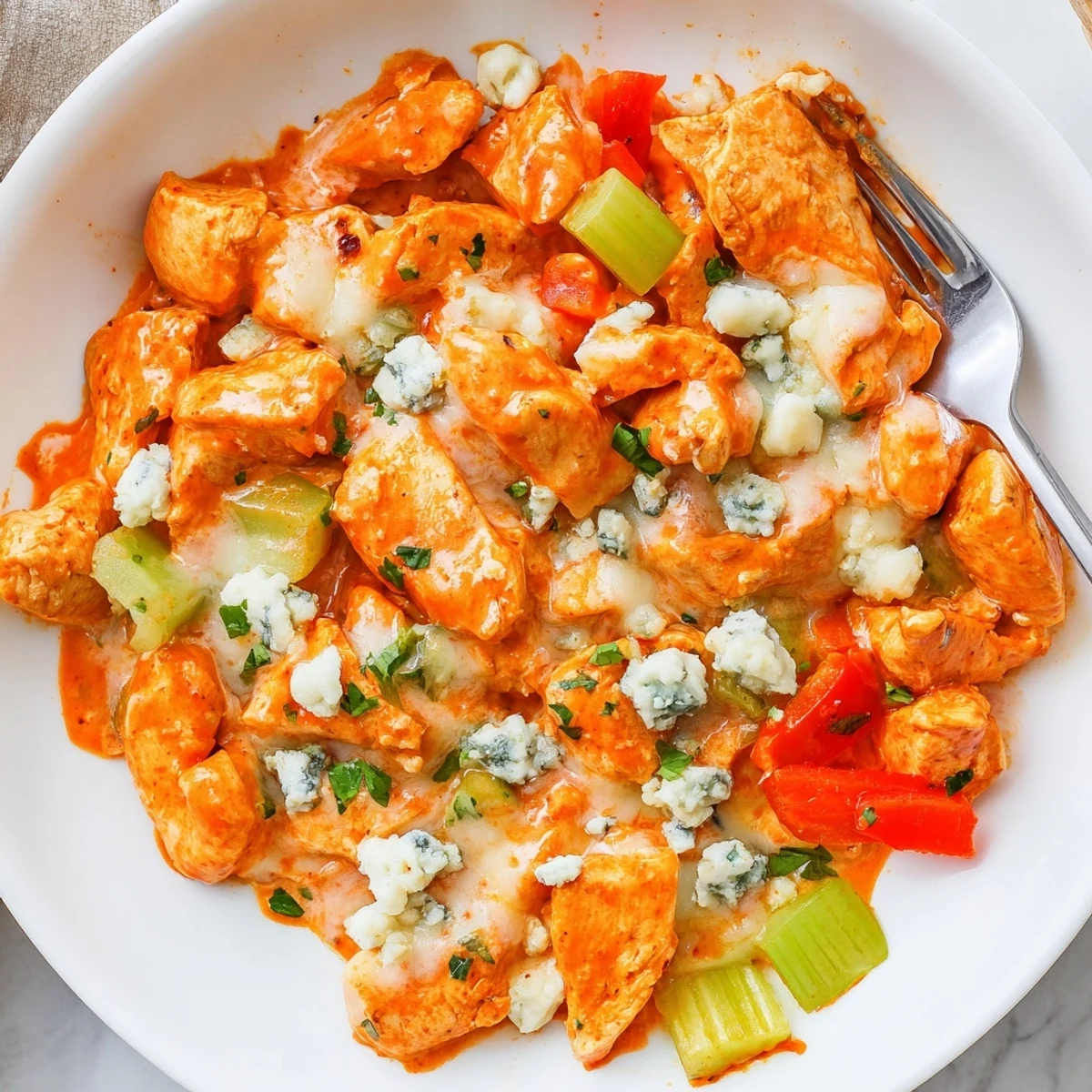 Spicy Keto Buffalo Chicken Skillet with tender peppers, celery, and blue cheese