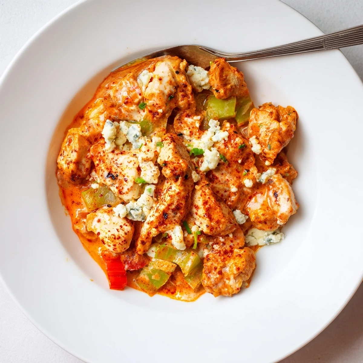 One-pan Keto Buffalo Chicken Skillet served over cauliflower rice, garlicky aroma