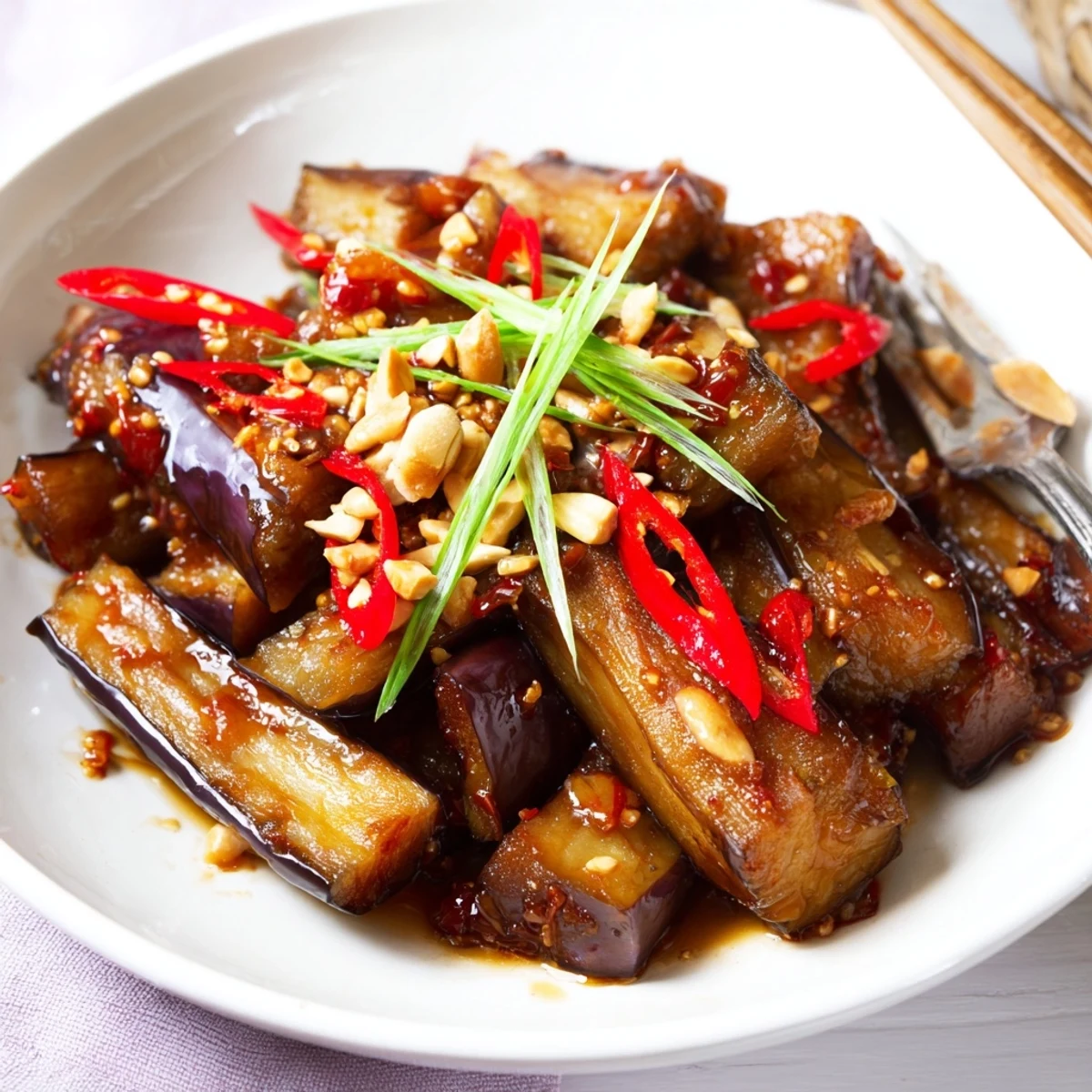 Steaming Sichuan Style Braised Aubergines tossed with scallions, garlic aroma rising