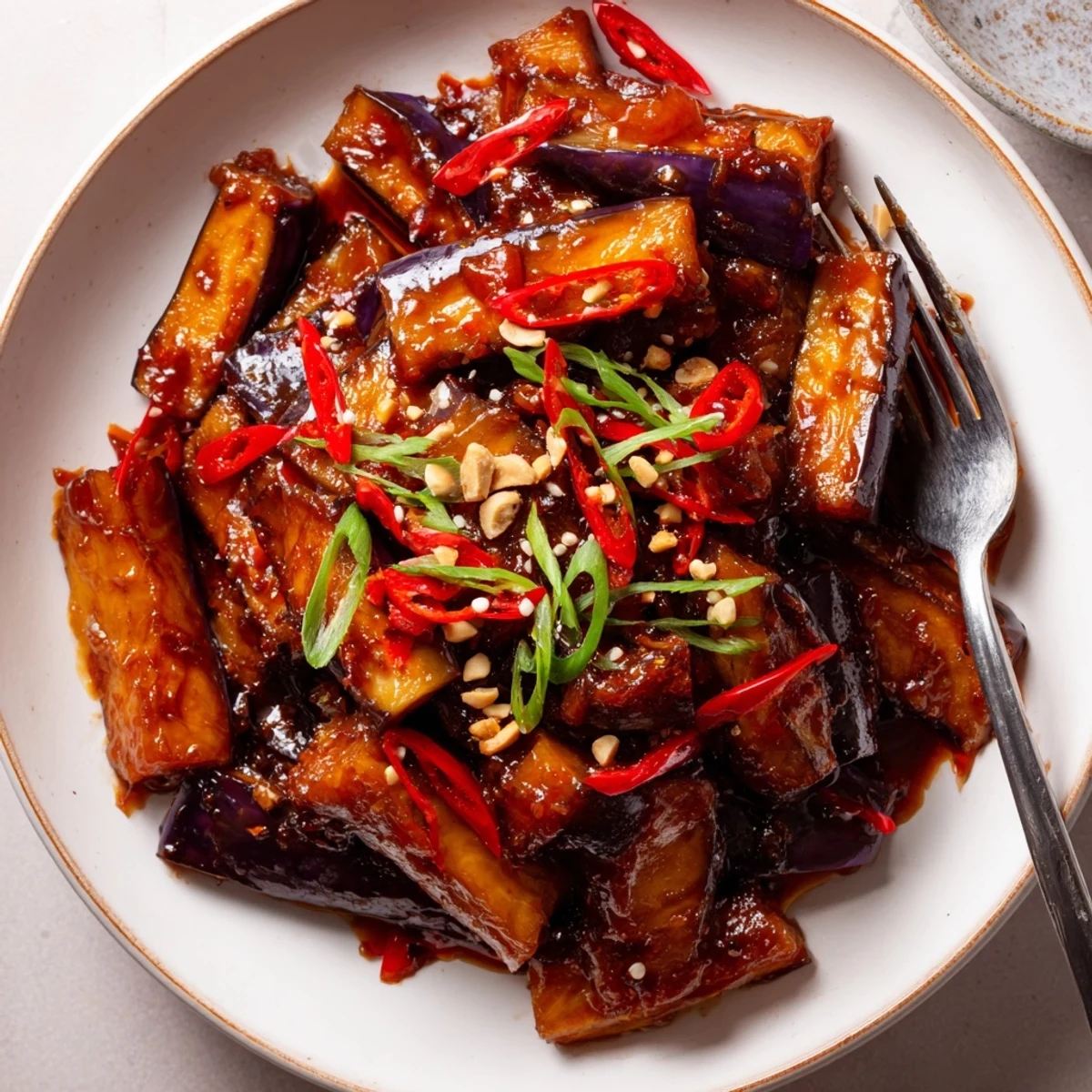 Sichuan Style Braised Aubergines glistening in spicy red sauce over jasmine rice