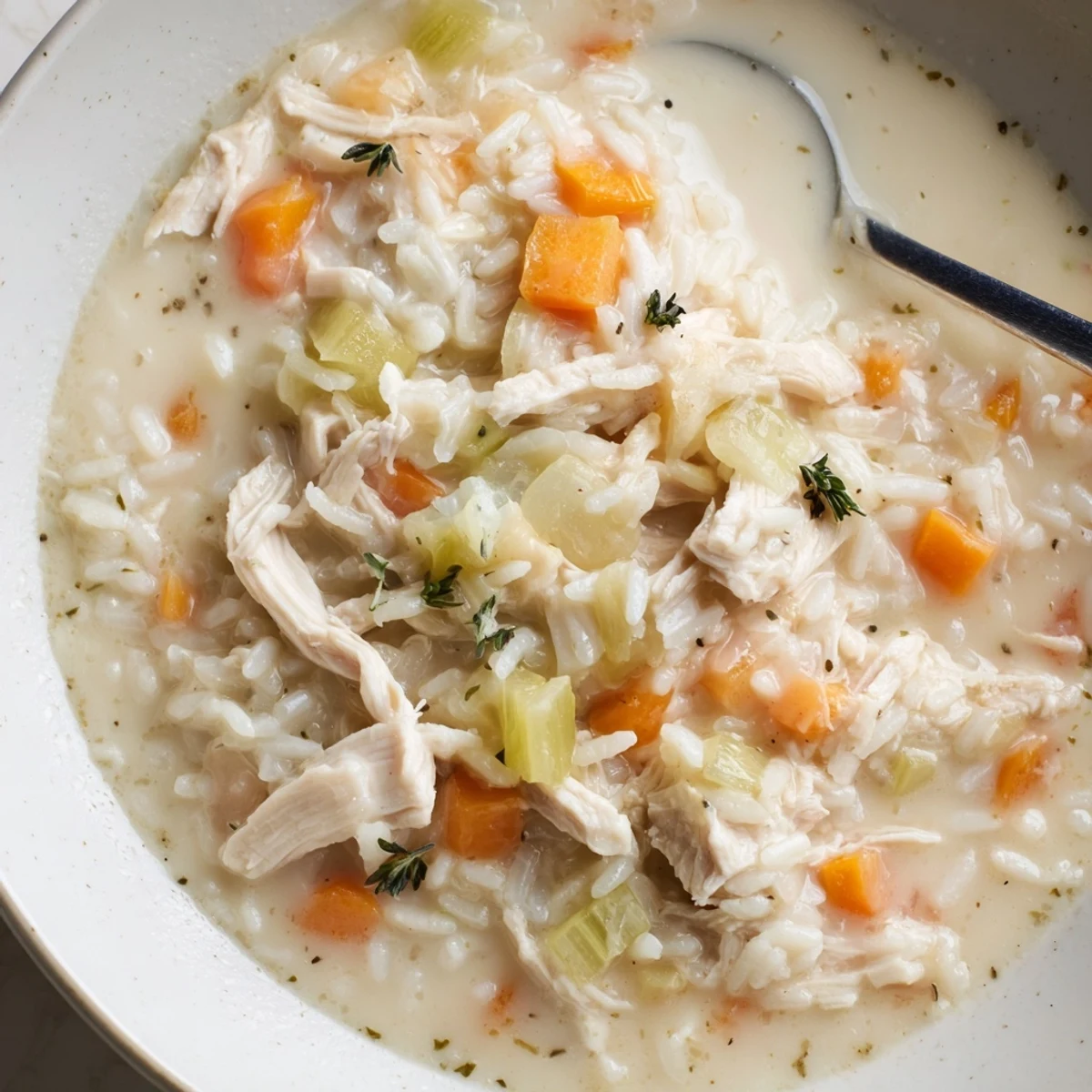 Creamy Chicken Rice Soup steaming in bowl, tender shreds and silky broth