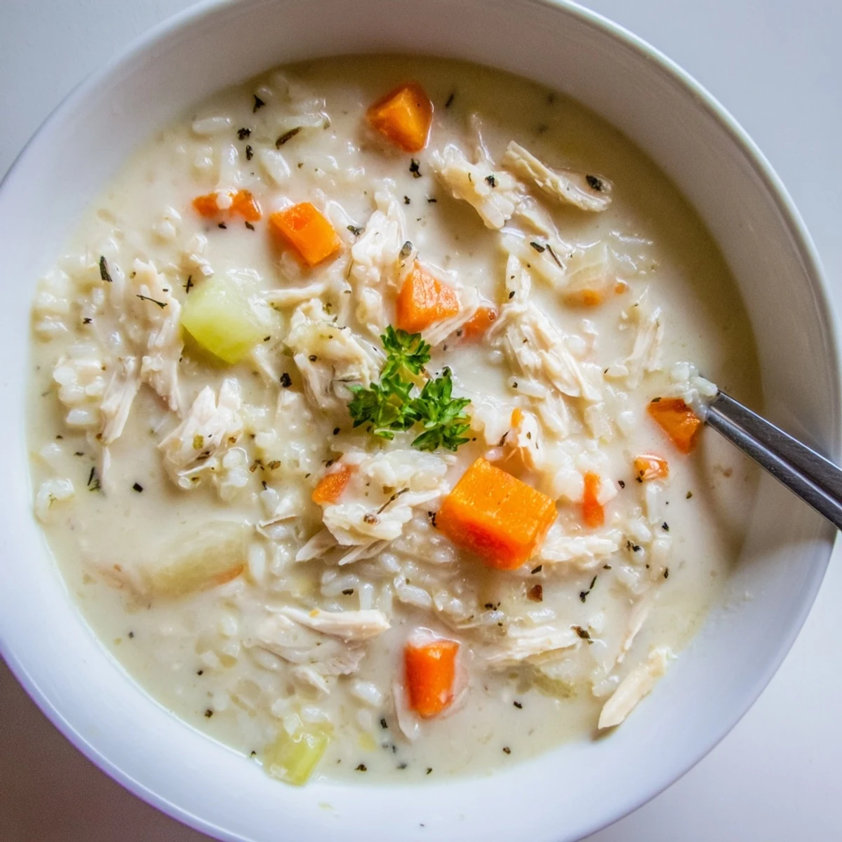 Bowl of Creamy Chicken Rice Soup garnished with parsley, crusty bread nearby