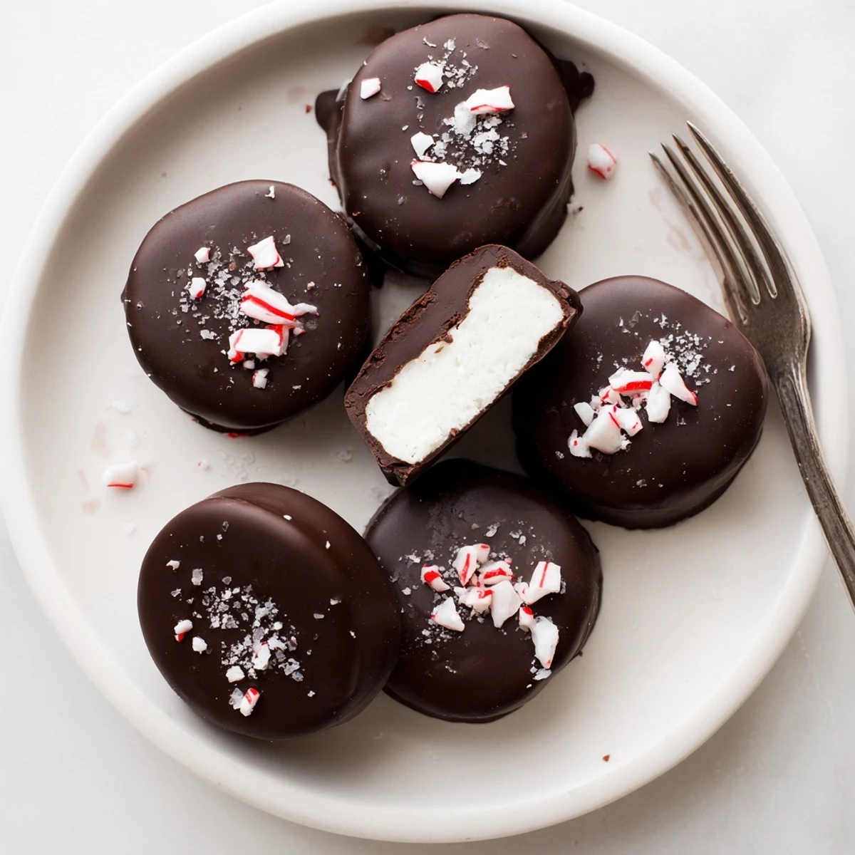 Homemade Peppermint Patties arranged on parchment, glossy coating and minty centers.